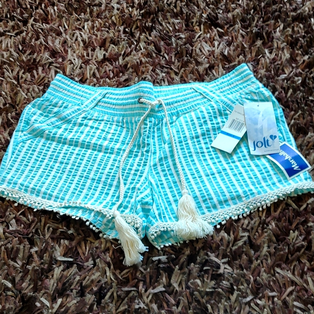 Boho Aqua turquoise striped cotton shorts with tassel tie and 4 pockets NWT. 9